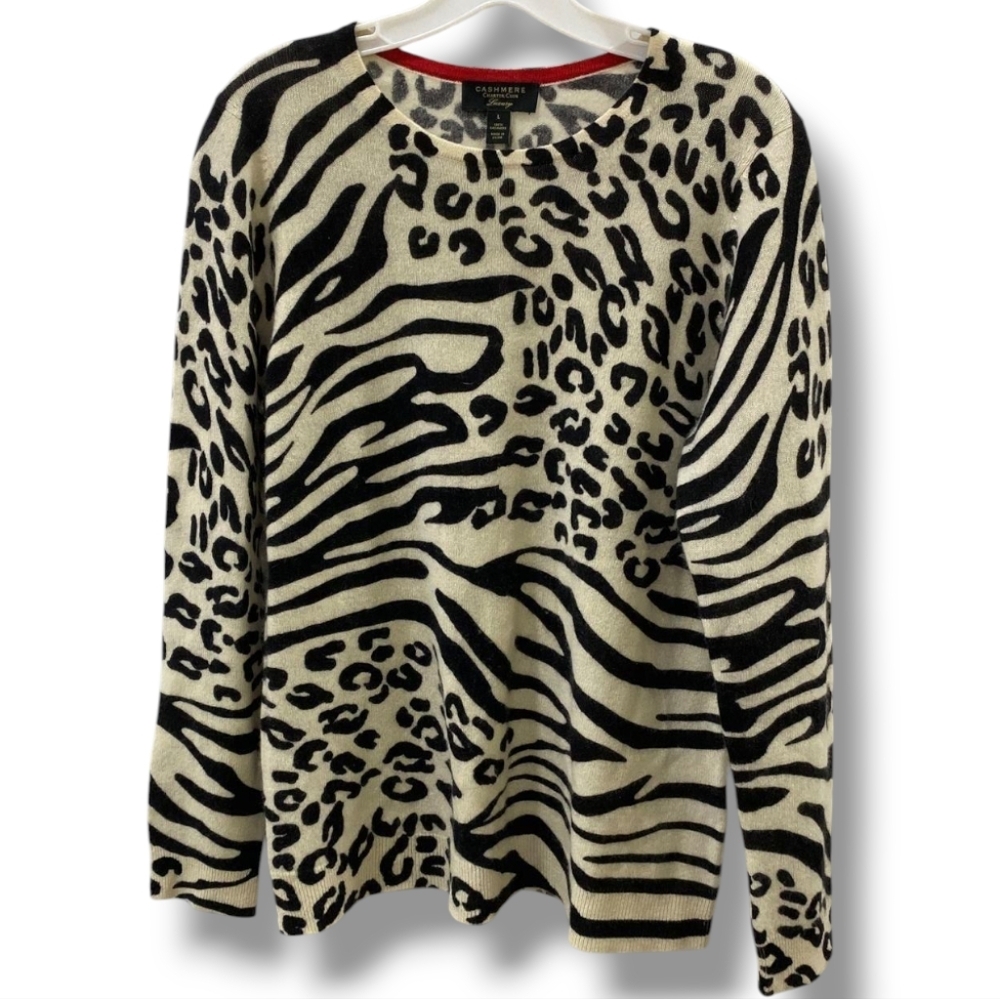 100% Cashmere Charter Club Luxury Zebra Cheetah Animal Print Crewneck Sweater